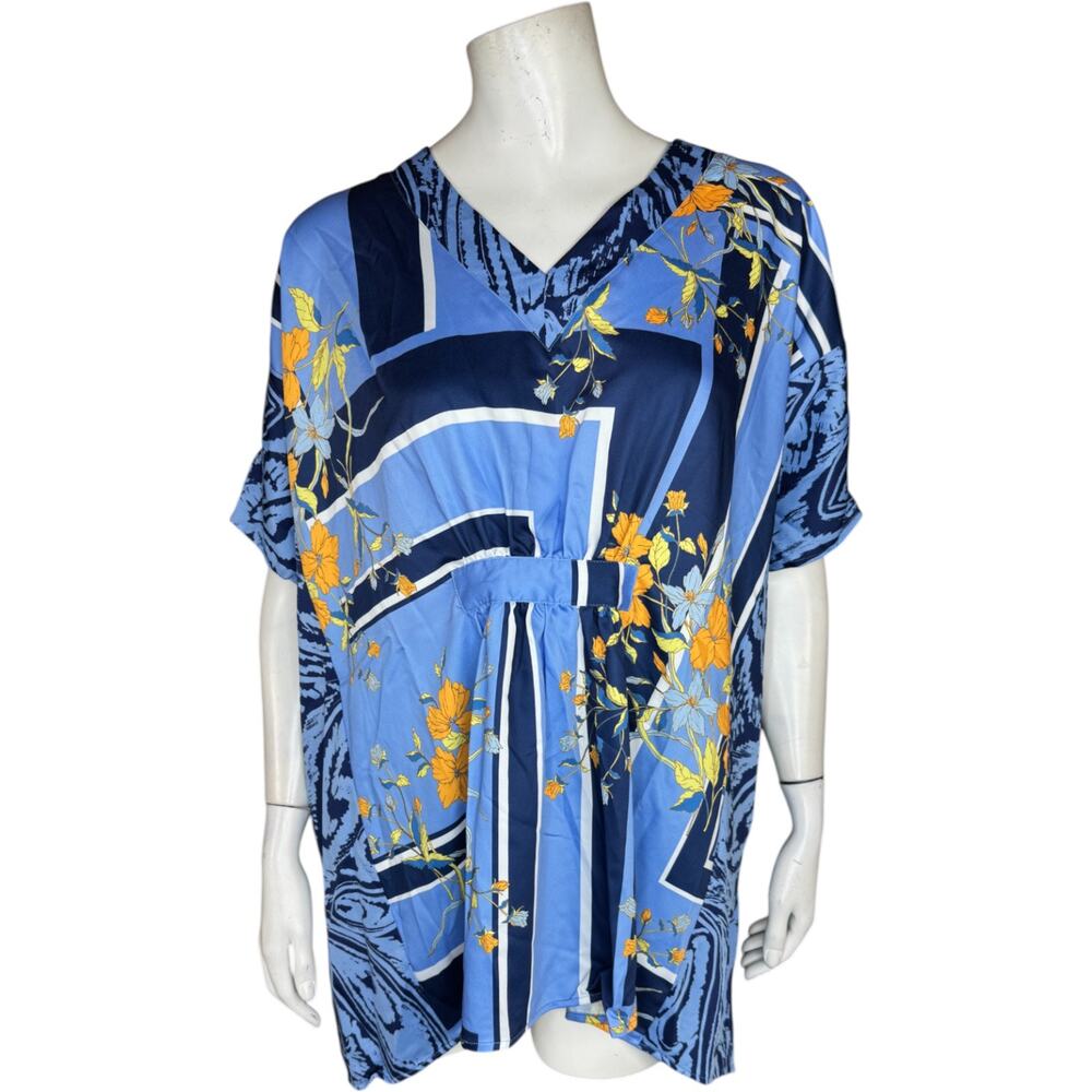 C. WONDER Christian‎ Siriano XS Blue Floral Blouse Sheer Sleeves Lightweight NWT
